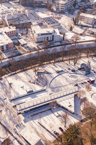 Snowy city view with buildings and parks, wintery atmosphere, Nagold, Calw district, Black Forest, Germany