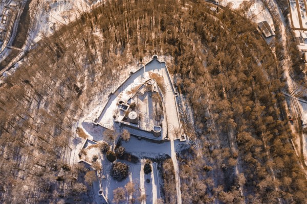 Bird's eye view of a snowy castle surrounded by a forest, Nagold, Calw District, Black Forest, Germany