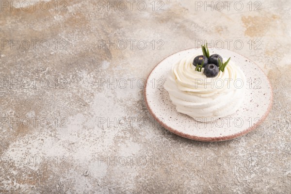 Pavlova Meringue dessert with crisp meringue and blueberry, on brown concrete background, copy space, side view