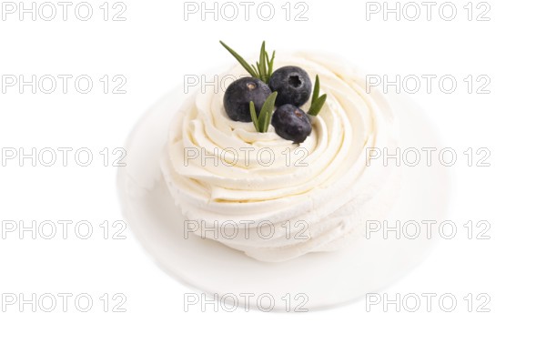Pavlova Meringue dessert with crisp meringue and blueberry Isolated on white background, close up, side view