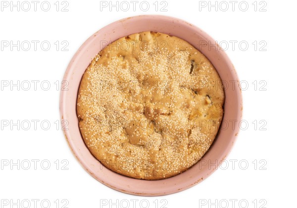 Apple Charlotte cake in baking dish Isolated on white background, top view, flat lay, close up