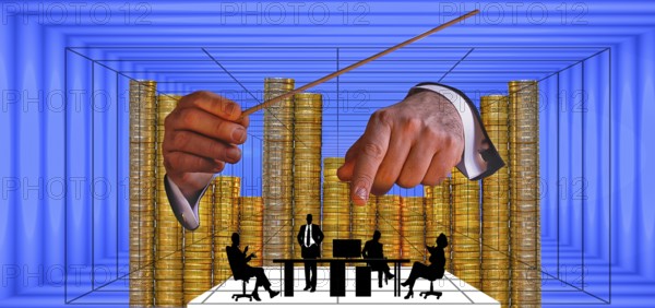 Symbolic photo, conductor of money, financial market, stock exchange, charts, price charts, rising, falling, telephoning dealer, broker, investment banker, central bank, ECB, international markets, resistance to USA and mafia methods by Donald Trump, elections, EU elections, population, multilateral negotiation, economic areas, capitalism, communism, treaties, conventions, nation-states, agreements, international law, opponents, protectionism, espionage, customs agreement, taxation, European Parliament, Brussels
