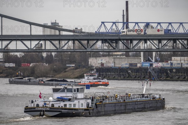 Cargo ships, Krefeld-Uerdinger bridge across the Rhine, near the Krefeld-Uerdingen Rhine port, North Rhine-Westphalia, Germany
