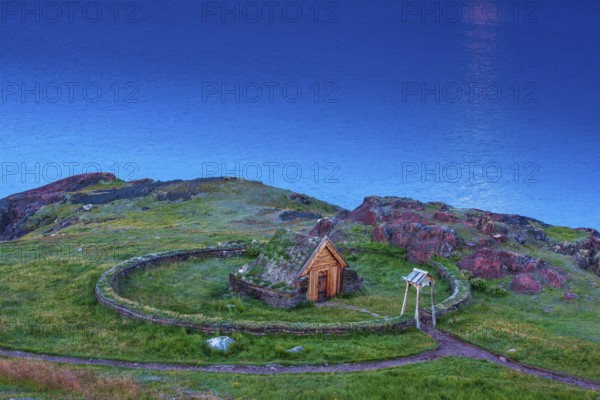 The Tjodhildes Church reconstruction, the first Christian church on the North American continent, where Viking Erik the Red established his chieftain's seat, at Brattahlid, now Qassiarsuk, South Greenland, Greenland, Europe, North America