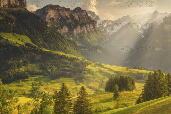 Region of Wasserauen in summer, with a view of Säntis (2, 502 m), the highest mountain in the Alpstein range, located in the canton of Appenzell Ausserrhoden, Switzerland
