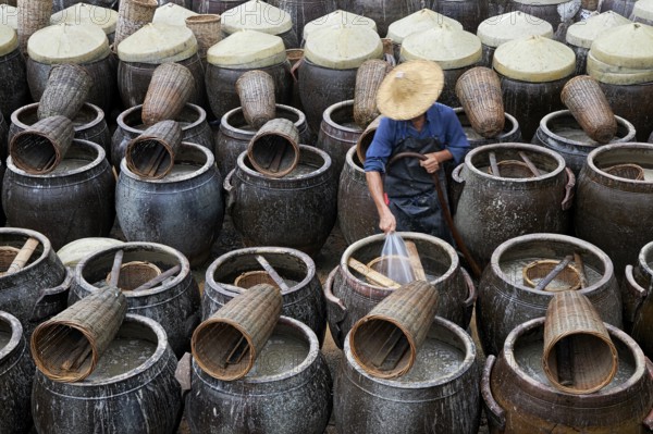 Washing the giant clay pots used for fish sauce fermentation at a factory in Xiapu, Fujian Province, China, Asia
