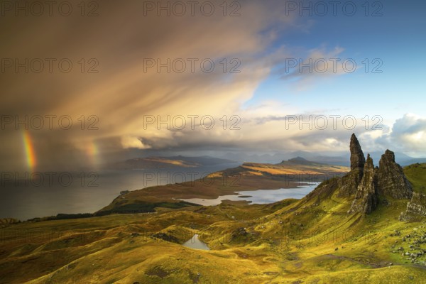 Double rainbow near the Old Man of Storr, Trotternish Peninsula, Isle of Skye, Scotland, UK