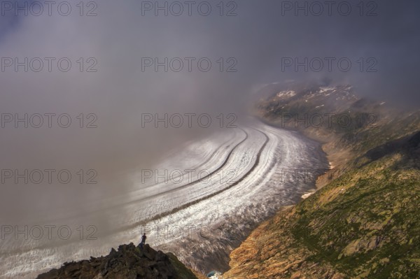 On a foggy day, a tourist observes the largest glacier in the Alps, the Aletsch Glacier, UNESCO World Heritage Site, highlighting climate change and global warming, Valais Canton, Switzerland