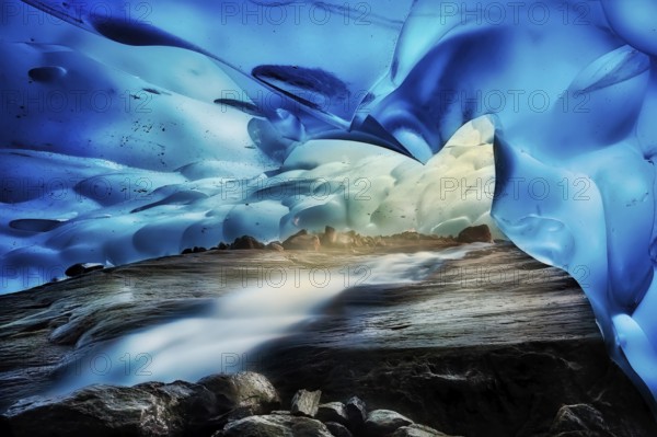 Inside ice cave in the Aletsch Glacier area, temporary tunnels and cavities with unique blue and turquoise light caused by compact ice, Climate change, Global warming, UNESCO World Heritage Site, Canton of Valais, Switzerland