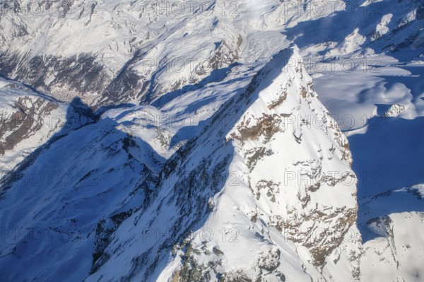 Aerial view of the Matterhorn summit (4, 478?m) in winter, iconic symbol of Switzerland, Zermatt, Valais, Switzerland