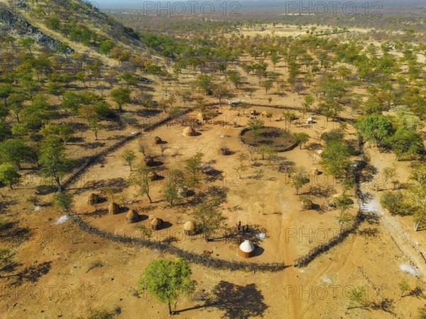 Aerial view of a traditional Himba Ovahimba, Kaokoland, Kunene Region, Namibia