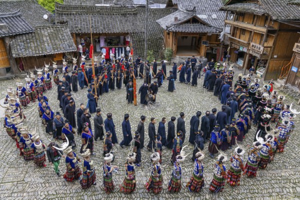 People of the Miao ethnic minority performing a traditional dance, Langde Village, Leishan County, Guizhou Province, China, Asia
