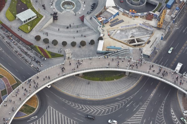 Shanghai, view of a pedestrian circle from inside looking up at the Oriental Pearl TV Tower skyscraper, Pudong, Shanghai, China, Asia