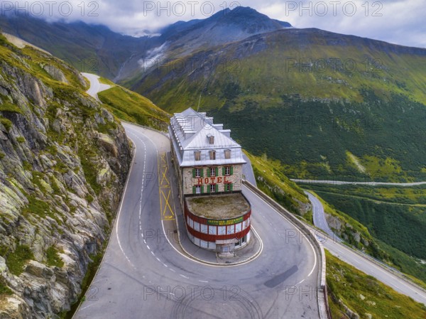 Hotel Belvedere, Aerial view in summer season, Furka Pass, Obergoms, Goms District, Valais, Switzerland