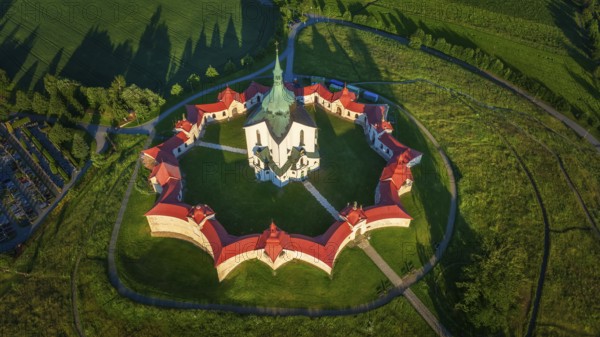 Church of St. John of Nepomuk at Zelená hora, aerial view at summer sunset, Baroque-Gothic architecture, Ždár nad Sázavou, Vysocina Region, Moravia, Czech Republic
