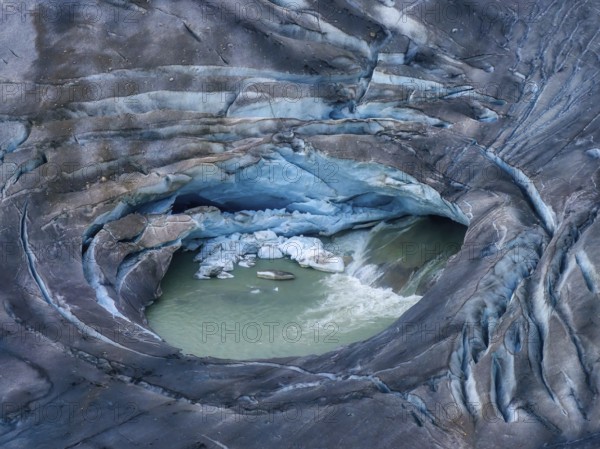 Rhone Glacier, Hole formed by ice collapse, Climate Change, Aerial view, Furka Pass, Oberwald, Goms Valley, Valais, Swiss Alps, Switzerland