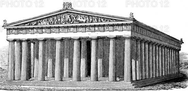 Parthenon, temple of the city goddess Athena Parthenos, Acropolis Athens, frieze, columns, metopes, Greek architecture, ancient architecture, Greece, art history, historical illustration 1869
