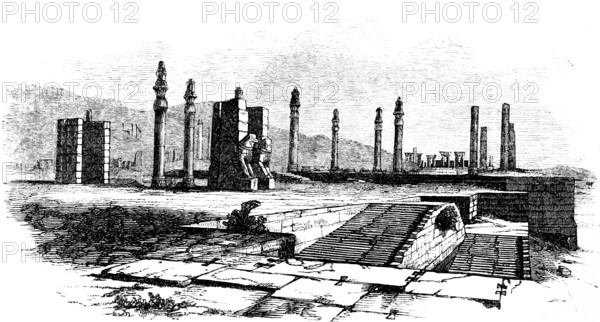 Ruins of Persepolis, ancient Persian residence in Persia, founded 520 BC, entrance stairs, statues on pillars, animal figures, UNESCO World Heritage Site, World Heritage Site, Iran, art history, historical illustration 1869