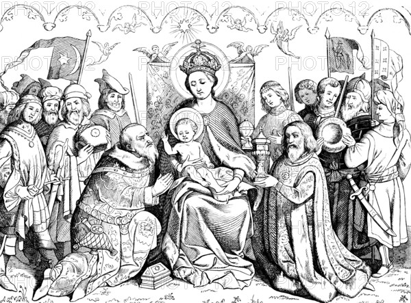 Cologne cathedral image or altar of the city patrons, 15th century, Mary, Adoration of Jesus, Magi, artist Stefan Lochner, central painting, Marienkapelle, Cologne Cathedral, Cologne, Germany, art history, historical illustration 1869