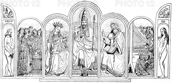 Top row of the Ghent Altarpiece, in Sint Bavo, St. Bavo Cathedral, artist Jan van Eyck, Flemish painter, depiction of the Apocalypse, Revelation of John, Prophet, Sibyl of Erythray, Sibyl of Cumae, Adam and Eve, winged altar, Ghent, Belgium, art history, historical illustration 1869