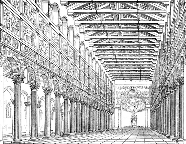 San Paolo Fuori le Mura, Papal Basilica San Paul Outside the Walls, main nave with coffered ceiling, apse, UNESCO World Heritage Site, Basilica Maior, pilgrim church named after the Apostle Paul, Rome, Italy, art history, historical illustration 1869