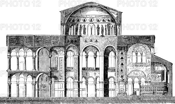 Cross-section of the San Vitale in Ravenna, late antique architecture of the 6th century, Romanesque style, domed building, statues, UNESCO World Heritage, Basilica minor, columned arcades, central building, chancel, Emilia-Romagna, Italy, art history, historical illustration 1869