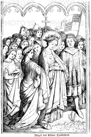 Left wing of Cologne Cathedral painting, Saint Ursula with eleven virgins, winged altar, painting, Marienkapelle, Cologne Cathedral, Cologne, Germany, art history, historical illustration 1869