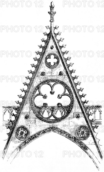 Wimperg, decorative gable from the south portal of the Notre Dame façade, gable-like crowning over portals and windows, Gothic architecture, art history, UNESCO World Heritage Site, Paris, France, historical illustration 1869