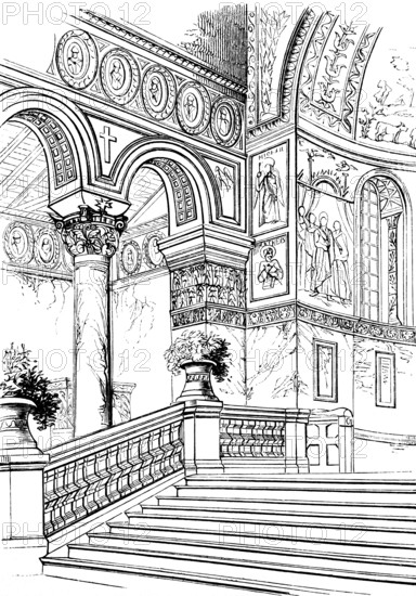 Choir of S. Apollinare in Classe, 6th century, stairway to the apse, mosaics, floral decoration, window, Ravenna, interior view, Christianity, Emilia-Romagna, Italy, UNESCO World Heritage Site, art history, historical illustration 1869