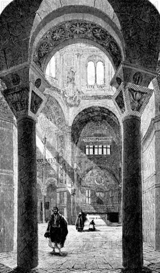 Interior view of the Basilica of S. Vitale in Ravenna, late antique architecture of the 6th century, mosaics, statue, UNESCO World Heritage, cultural heritage, Basilica minor, ray of light, absis, window, people, columns, Italy, Christianity, art history, historical illustration 1869