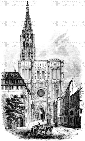 Façade of Cathédrale Notre-Dame de Strasbourg, Cathedral of Our Lady in Strasbourg, Roman Catholic religious building, architecture, asymmetrical building, north tower, sandstone building, UNESCO World Heritage Site, Alsace, France, Christianity, art history, historical illustration 1869