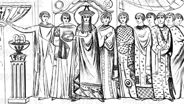 Empress Theodora and entourage, ladies in waiting robes and court officials, mosaic from St. Vitale in Ravenna, late antique architecture of the 6th century, mosaics, statue, UNESCO World Heritage, cultural heritage, Basilica minor, Christianity, art history, Emilia-Romagna, Italy, historical illustration 1869