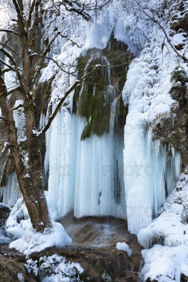 Schleierfälle an der Ammer in winter, frozen waterfall, Upper Bavaria, Germany