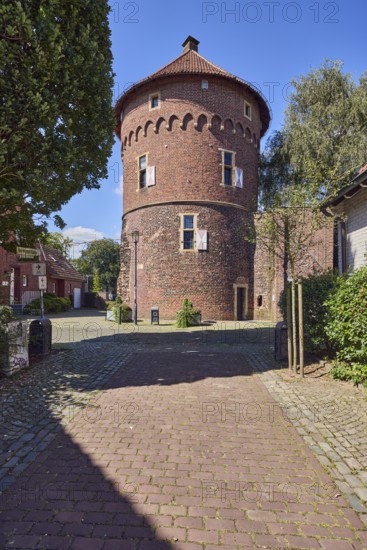 Thief tower, historic city prison, registry office, tower, historic brick building, alleyway made of pavers, trees, blue sky, cumulus clouds, intersection of De-Wynen-Gasse, Am Kuhm and Turmstraße, Borken, Münsterland, Borken district, North Rhine-Westphalia, Germany