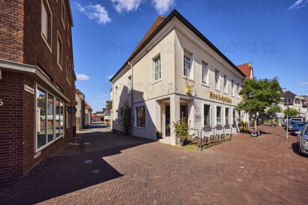 Deer-Apotheke, historic pharmacy, building, general architecture, street made of street clinker, urban trees, blue sky, cumulus clouds, Blumenstraße confluence in Mühlenstraße, Borken, Münsterland, Borken district, North Rhine-Westphalia, Germany