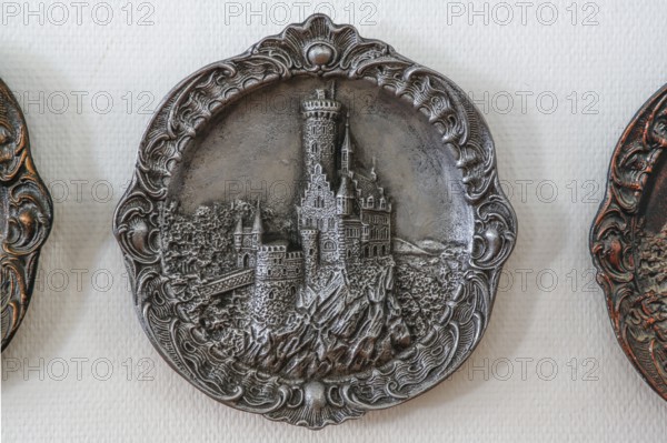 Decorative wall plate, replica of Lichtenstein Castle, Württemberg fairytale castle, romantic fairytale castle, kitsch, utility art, wall decoration, decorative plate, Lichtenstein-Honau, Municipality of Lichtenstein, Baden-Württemberg, Germany