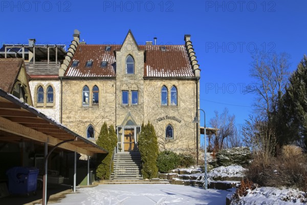 Restaurant Altes Forsthaus bei Schloss Lichtenstein, restaurant, historic building, architecture, winter, snow, window, entrance, staircase, Honau, municipality of Lichtenstein, Swabian Jura, Baden-Württemberg, Germany