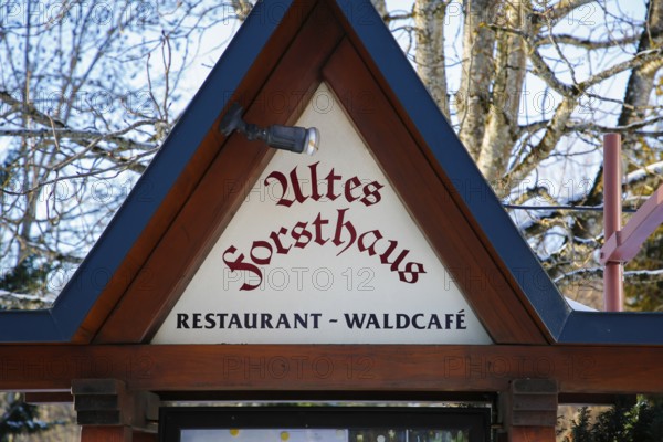 Sign Altes Forsthaus, Waldcafé, Restaurant Altes Forsthaus bei Schloss Lichtenstein, Restaurant, Schrift, Honau, Municipality of Lichtenstein, Swabian Jura, Baden-Württemberg, Germany