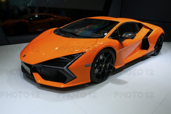 Press photo of luxurious sports car Lamborghini Revuelto plug-in hybrid super sports car with 1015 hp system output thanks to 6.5 liter naturally aspirated V12 engine with 825 hp and three electric motors, Messe boot, Düsseldorf, North Rhine-Westphalia, Germany