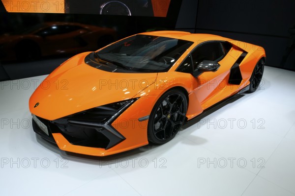 Press photo of Lamborghini Revuelto plug-in hybrid super sports car with 1015 hp system output thanks to 6.5 liter V12 naturally aspirated 825 hp engine and three electric motors, Messe boot, Düsseldorf, North Rhine-Westphalia, Germany