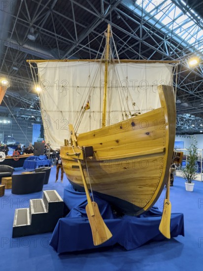 Press photo Replica of an ancient historic Roman merchant ship by the University of Trier on a scale of 1:3 on at in Messe Boot, Düsseldorf, North Rhine-Westphalia, Germany