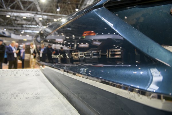 Press photo View of Frauscher x Porsche logo on luxurious 790 Spectre sports boat at Messe boot 2026, Messe boot, Düsseldorf, North Rhine-Westphalia, Germany