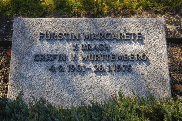 Tombstone of Princess Margarete von Urach, Countess of Württemberg, 1901 to 1975, cemetery, grave, memorial stone, writing, letters, Großengstingen, municipality of Engstingen, district of Reutlingen, Swabian Jura, Baden-Württemberg, Germany