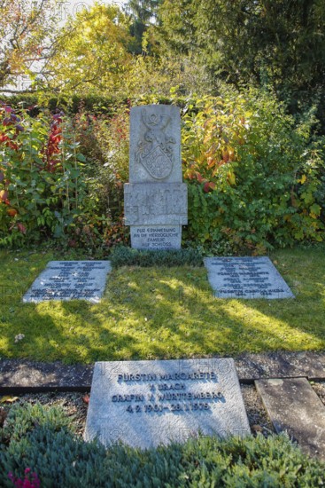 Tombstone of the ducal family, graves, memorial, in the back memorial stone in memory of the ducal family at Lichtenstein Castle, coat of arms, stone tablet, inscription, letters, alb plateau above the Albtrauf, Großengstingen, municipality of Engstingen, district of Reutlingen, Swabian Alb, Baden-Württemberg, Germany