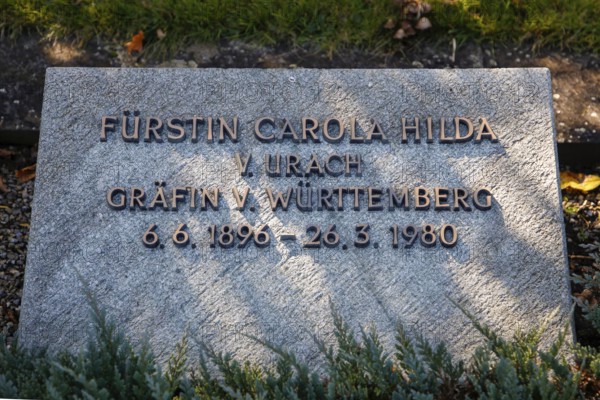 Tombstone of Princess Carola Hilda von Urach, Countess of Württemberg, 1896 to 1980, cemetery, grave, memorial stone, writing, letters, Großengstingen, municipality of Engstingen, district of Reutlingen, Swabian Jura, Baden-Württemberg, Germany
