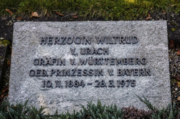 Tombstone of Duchess Wiltrud of Urach, Countess of Württemberg, née Princess of Bavaria, 1884 to 1975, cemetery, grave, memorial stone, writing, letters, Großengstingen, municipality of Engstingen, Reutlingen district, Swabian Alb, Baden-Württemberg, Germany