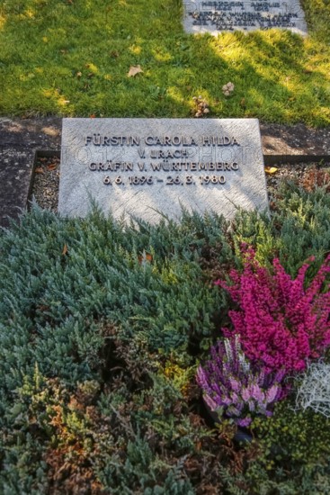 Tombstone of Princess Carola Hilda von Urach, Countess of Württemberg, 1896 to 1980, cemetery, grave, memorial stone, writing, letters, Großengstingen, municipality of Engstingen, district of Reutlingen, Swabian Jura, Baden-Württemberg, Germany