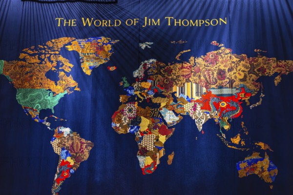 Jim Thomson House and Museum, the silk world map with colorful continents and countries, Bangkok, Thailand's metropolis, Thailand