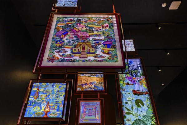 Jim Thomson House and Museum, pictures with Thai silk motifs framed, Bangkok, Thailand's metropolis, Thailand