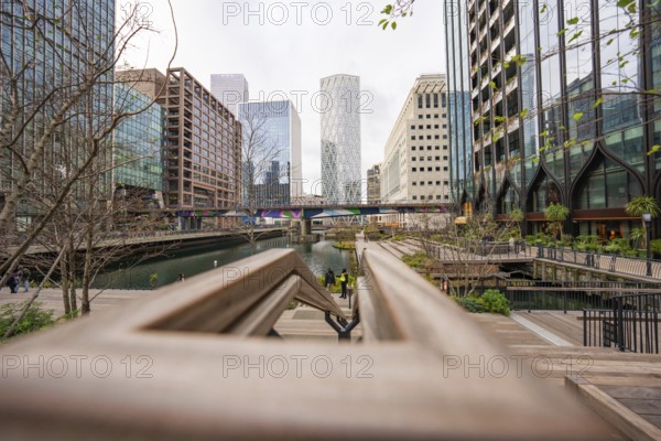 Wooden path along a canal amid tall, modern buildings and few trees, Canary Wharf, London, England, Great Britain